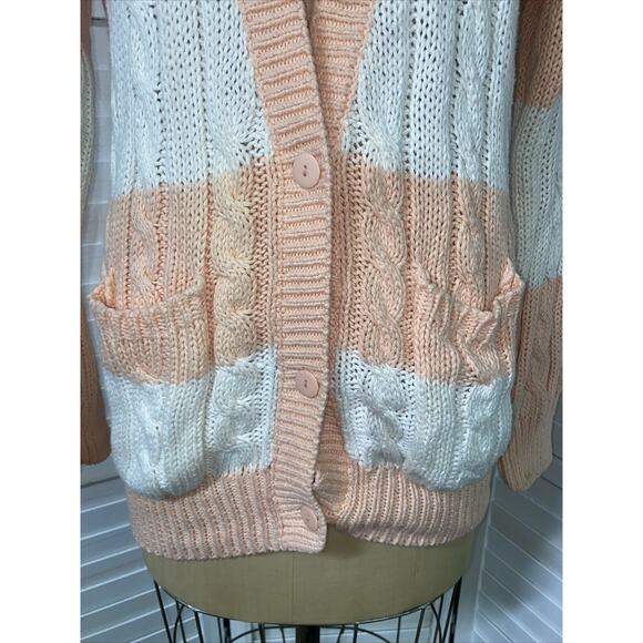 VINTAGE 80s Hunters Run Sweater Women’s White Peach Cardigan Ramie Cotton Medium - Picture 3 of 9